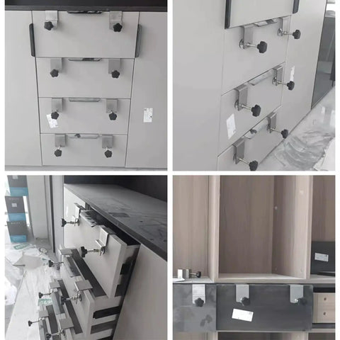 Four Piece Drawer Fixing Clips Set, Pro Grade Cold Rolled Steel Front Drawer Jigs For Cabinets Tables And Desks, mounted on drawers