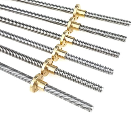 Beefy T8 Trapezoidal Lead Screw For 3D Printers Tough Stainless Steel Rod With Copper Nut Choose 1mm Or 2mm Pitch Lead Options 1mm 2mm 4mm 8mm Lengths 100mm To 600mm In 50mm Steps Includes One Rod And One Copper Nut., stainless steel T8 lead screws with copper nuts in different lengths