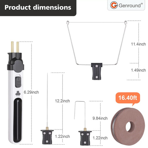 Kickass Cordless Foam Cutter And Rechargeable Hot Wire Pen That Cuts Styrofoam Like Butter Includes 6 In 1 Carving Tool Kit showing product dimensions and components.