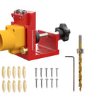 Top Shelf Aluminum Drilling Guide Jig For Cabinet Assembly And Woodworking With Zero Hassle Depth Controls Double Metric British Scale And Steady Hole Placement For Rock Solid Joints with accessories.