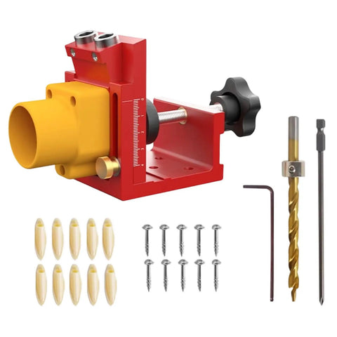 Top Shelf Aluminum Drilling Guide Jig For Cabinet Assembly And Woodworking With Zero Hassle Depth Controls Double Metric British Scale and Steady Hole Placement For Rock Solid Joints with red frame and components.