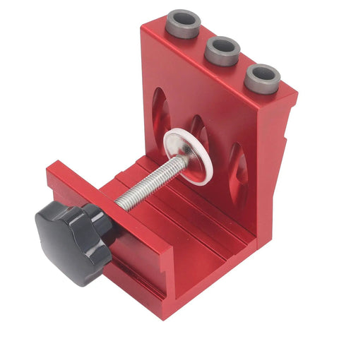 Pro Level Adjustable Pocket Hole Jig Kit Built From Tough Aluminum With Three Step Drill Bits Gives Exact 15-Degree Guidance For Boards Up To 1.75 Inches, showing red aluminum jig with clamping knob.