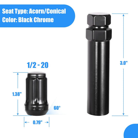 Heavy Duty Black 1/2-20 Lug Nuts Set for Ford Mustang F-150 Explorer Commander Jeep Wrangler Liberty Grand Cherokee Bulge Acorn Spline 1.38 Inch Tall Includes 1 Lug Nut Key and 21 Pieces with dimensions