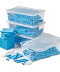 Blue Plastic Base Ten Blocks Set for Kids, Place Value Manipulatives for Regrouping, Counting Cubes in storage boxes.