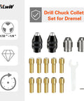 Image of a sixteen piece drill chuck collet set for rotary tools, featuring chucks, brass collets, a wrench, and a hex key.