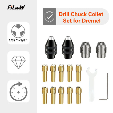 Image of a sixteen piece drill chuck collet set for rotary tools, featuring chucks, brass collets, a wrench, and a hex key.