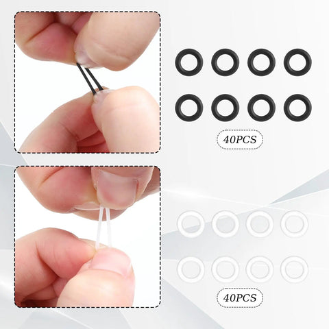 Hands holding silicone rings from Three In One Eyeglass Repair Kit With Mini Screwdrivers And 80 Silicone Sealing Rings For Eyeglasses Frames
