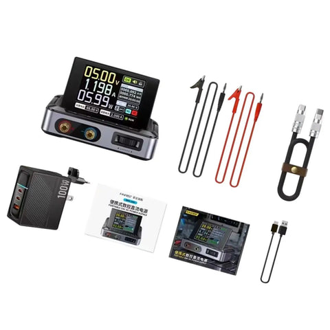 Adjustable DC Power Supply 0-30V 0-5A with protective cables, adapters, and display for lab CNC and test gear applications
