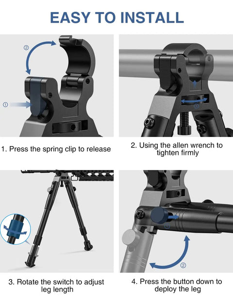 Clamp On Rifle Bipod With Quick Release, Adjustable Width Fits Barrels From 11mm To 19mm, 0.43 To 0.75 Inch, installation steps