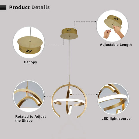 Lit Modern Gold Globe Pendant LED Chandelier With 3 Adjustable Rings 4000K Dimmable Indoor Light Fixture details shown