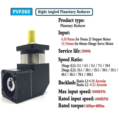 Beefy 90 Degree Planetary Reducer Gearbox For Nema 23 And Nema 34 Servo Motors with specifications and input shaft details displayed