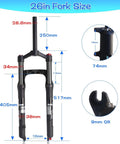 Fat Tire 26x4.0 Inch MTB Air Suspension Fork With Ultralight Build, dimensions and details showing 120mm travel, 9mm QR, 135mm hub spacing