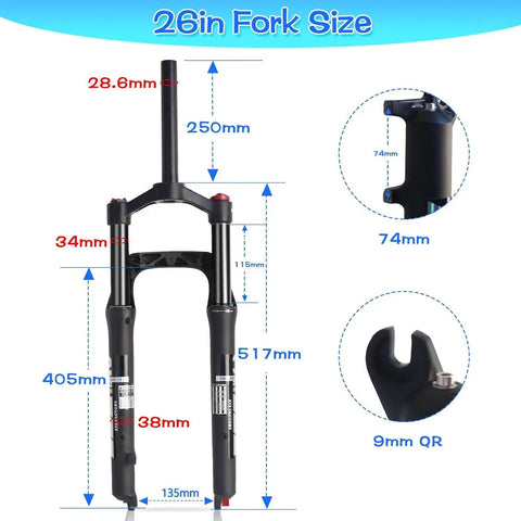 Fat Tire 26x4.0 Inch MTB Air Suspension Fork With Ultralight Build, dimensions and details showing 120mm travel, 9mm QR, 135mm hub spacing
