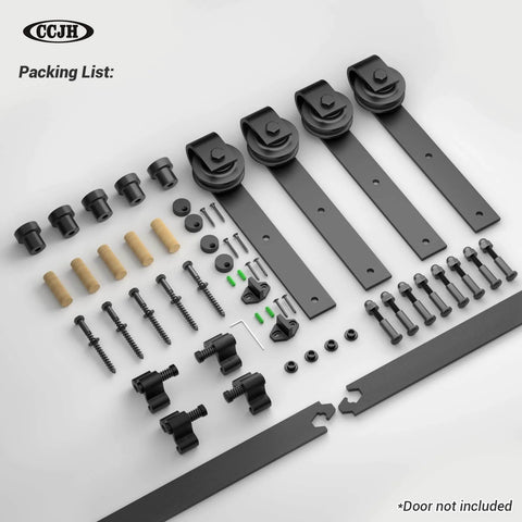Components of Beefy 20 Foot Sliding Barn Door Hardware Kit For Double 60 Inch Wide Doors With 330 Pound Weight Capacity