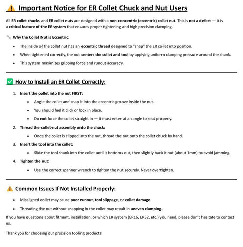 ER collet chuck and nut user notice page with installation steps and warning notes.
