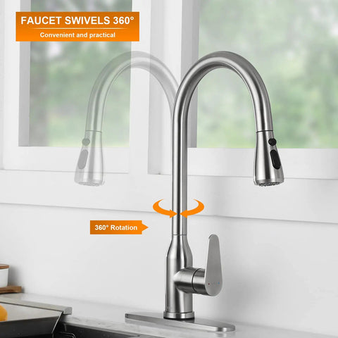 Touch Activated Kitchen Faucet With Pull Down Sprayer Hands Free Sensor Sink Tap in brushed nickel swivels 360 degrees