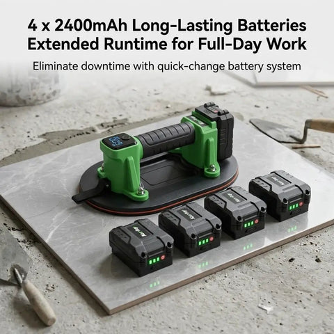Hella Heavy Duty Electric Suction Lifter for Glass, Granite & Tile with 4 batteries on a work surface.