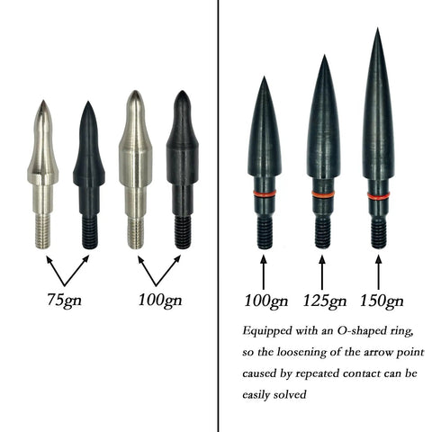 Screw-In Archery Field Points 75 100 125 150 Grains, 12 Pack Stainless Steel 5 By 16 Inch Arrow Tips displayed on a chart.