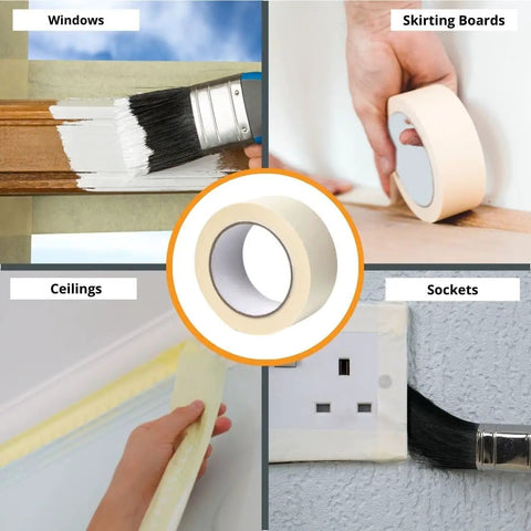 Beige General Purpose Masking Tape Set 3 Rolls 2 Inches By 55 Yards Multi Surface Painter Tape used for windows, skirting boards, ceilings, sockets.