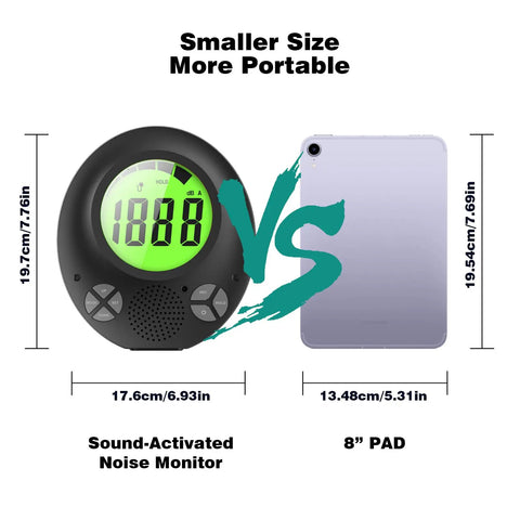 Digital Decibel Meter With DIY Voice Warning, Remote Control shown next to 8" tablet for size comparison