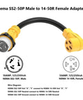 Heavy Gauge 50 Amp Twist Lock Converter Nema Ss2-50P To 14-50R Marine Rv Adapter With 90 Degree Grip Handle 1.5 Ft Cable showing male and female ends.