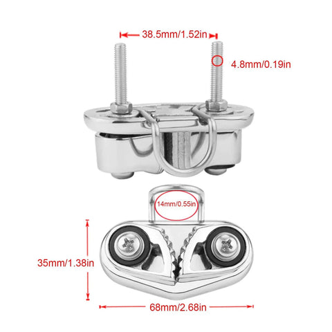 Cam Cleat With Wire Leading Ring, 316 Stainless Marine Grade Mirror Polished Boat Rope Cleat For 10mm Line Front View