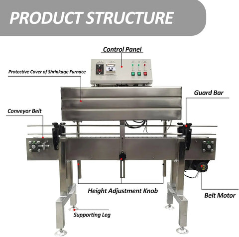 AOXHUGB Heat Shrink Tunnel Machine 4.0 Inch Diameter Control panel, conveyor belt, and height adjustment for bottle labeling