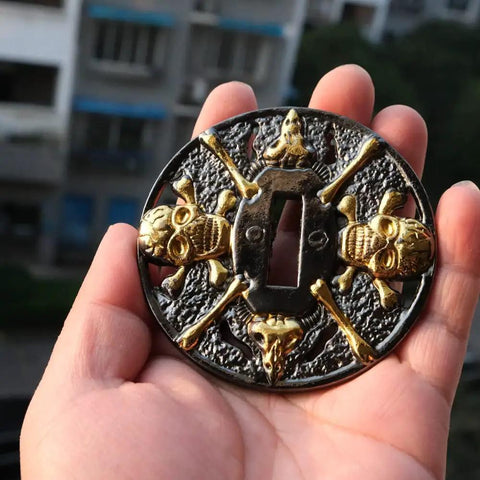 Dope Alloy Tsuba Fuchi Kashira Menuki Set For Samurai Sword Handle Upgrade 8 To 9 Cm Tsuba in hand, skull design detail