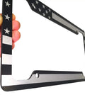 American Flag Aluminum License Plate Frame With Anti Rattle Foam Pad And Screws For Cars And Trucks Front Or Rear Tag Holder Built Tough Weatherproof Rust Resistant Thin Blue Line Black And White Stripes close-up