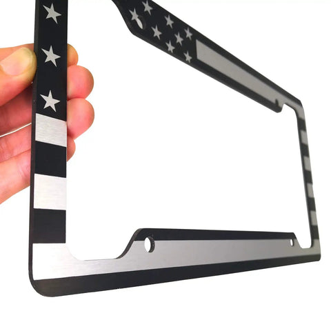 American Flag Aluminum License Plate Frame With Anti Rattle Foam Pad And Screws For Cars And Trucks Front Or Rear Tag Holder Built Tough Weatherproof Rust Resistant Thin Blue Line Black And White Stripes close-up