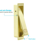 Top Notch Flush Pocket Door Handle Featuring Easy Press Pop Action Sleek Satin Brass Finish Built Tough Design Straight Up Durable For Quick Room Upgrades Smooth Glide Set Of Two, showing fixed-axis design for easy use.