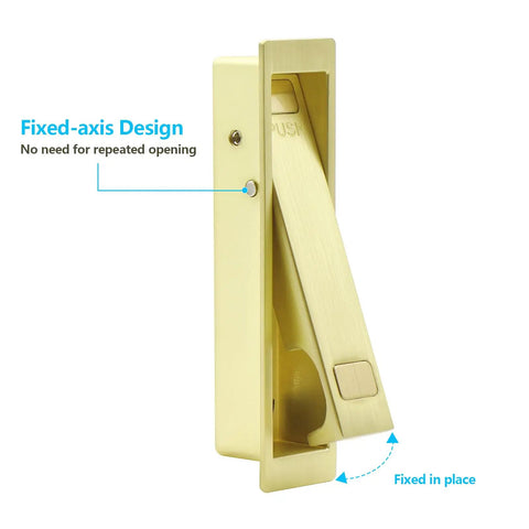 Top Notch Flush Pocket Door Handle Featuring Easy Press Pop Action Sleek Satin Brass Finish Built Tough Design Straight Up Durable For Quick Room Upgrades Smooth Glide Set Of Two, showing fixed-axis design for easy use.