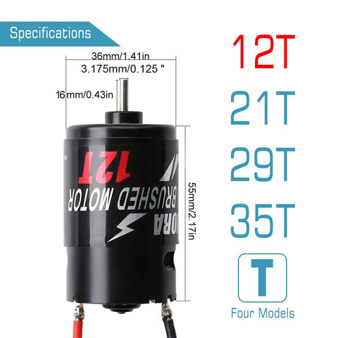 550 Brushed Waterproof 3-Slot Motor For 1/10 RC Car With 12T Pinion showing dimensions and specifications