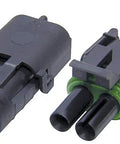 Heavy Duty 2-Wire Weather Pack Connector Kit For Racing Cars With Male And Female Terminals Plus Seals That Fit Small Gauge Wires Perfectly black connectors and green seals