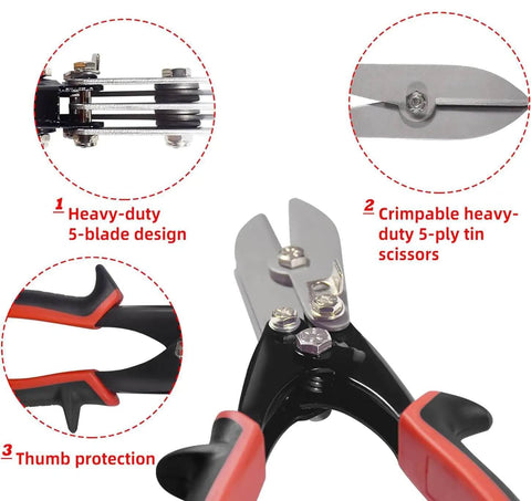 5 Blade Sheet Metal Crimping Tool for ductwork and gutters, close-up of heavy-duty 5-blade design, tin scissors, and thumb protection.