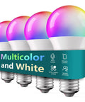 4 Pack Smart LED Bulbs Color Changing A19 E26 Dimmable 9W 800 Lumen, UL Certified, multicolor and white with control icons