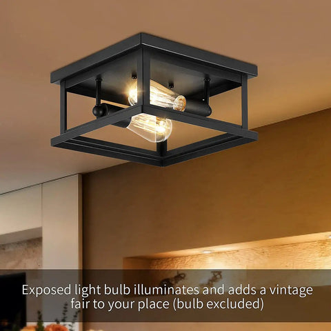 Two Light Flush Mount Ceiling Light Fixture For Farmhouse Industrial Vintage Style In Kitchen Bedroom Hallway And Laundry, Easy Install With All Mounting Hardware Included, Modern Cozy Ceiling Lamp shown in a room setting with vintage bulbs.