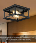 2 Light Flush Mount Ceiling Light Fixture In Farmhouse Industrial Vintage Style in black iron with exposed bulbs