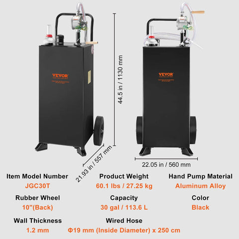 Portable 30 Gallon Gas Caddy With Two Wheels And Manual Transfer Pump For Diesel And Gasoline Fuel Storage Tank Grab N Go For Cars Lawn Mowers ATVs Boats Black with dimensions and specifications displayed.