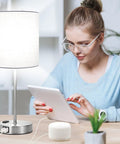 Touch Table Lamp Set Of 2 With USB Ports And AC Outlet, 3-Way Dimmable Bedside Lamps With Woman Using Tablet