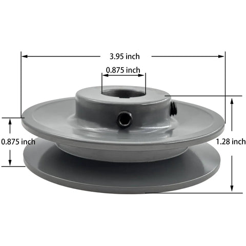 Top Tier Cast Iron V Belt Pulley With 7/8 Inch Bore And 3.95 Inch OD Single Groove Sheave for torque transfer, showing dimensions.