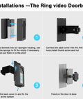 No-Drill Anti-Theft Doorbell Mount For Video Doorbells installation steps showing bracket assembly and attachment to door.