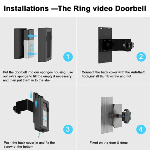 No-Drill Anti-Theft Doorbell Mount For Video Doorbells installation steps showing bracket assembly and attachment to door.