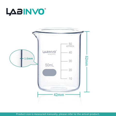 Six Piece 200ml Glass Beaker Set With White Enamel Graduations From 50ml To 200ml In 25ml Increments, side view with dimensions