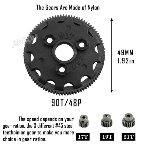 Beefed Up 90T 48P Spur Gear Kit With 17T 19T 21T Pinions And Slipper Clutch Upgrade For One Tenth Slash Rustler Stampede Bandit 2WD VXL RC Trucks Titanium Finish Built For Tough Durability And Smooth Shifts, showing gear and pinions