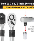 72-Tooth Extendable Half Inch Drive Ratchet Built For The Workhorse Job With 18 To 23 And A Half Inches Telescoping Reach, Chrome Vanadium