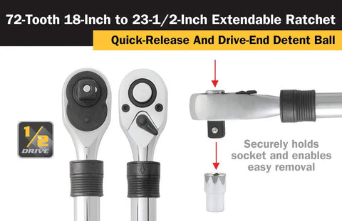 72-Tooth Extendable Half Inch Drive Ratchet Built For The Workhorse Job With 18 To 23 And A Half Inches Telescoping Reach, Chrome Vanadium