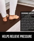 2 Pack Cushioned Kitchen Floor Mats For Comfortable Standing 17x24 And 17x48 Waterproof And Stain Resistant One Half Inch Thick Soft Ergonomic Anti Fatigue Mat With Foam Support For Feet Brown, shown in use with feet.
