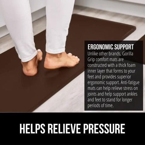 2 Pack Cushioned Kitchen Floor Mats For Comfortable Standing 17x24 And 17x48 Waterproof And Stain Resistant One Half Inch Thick Soft Ergonomic Anti Fatigue Mat With Foam Support For Feet Brown, shown in use with feet.