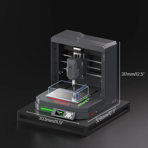 Genmitsu Cubiko desktop CNC router with enclosure; front view showing milling spindle, work bed, and control panel.